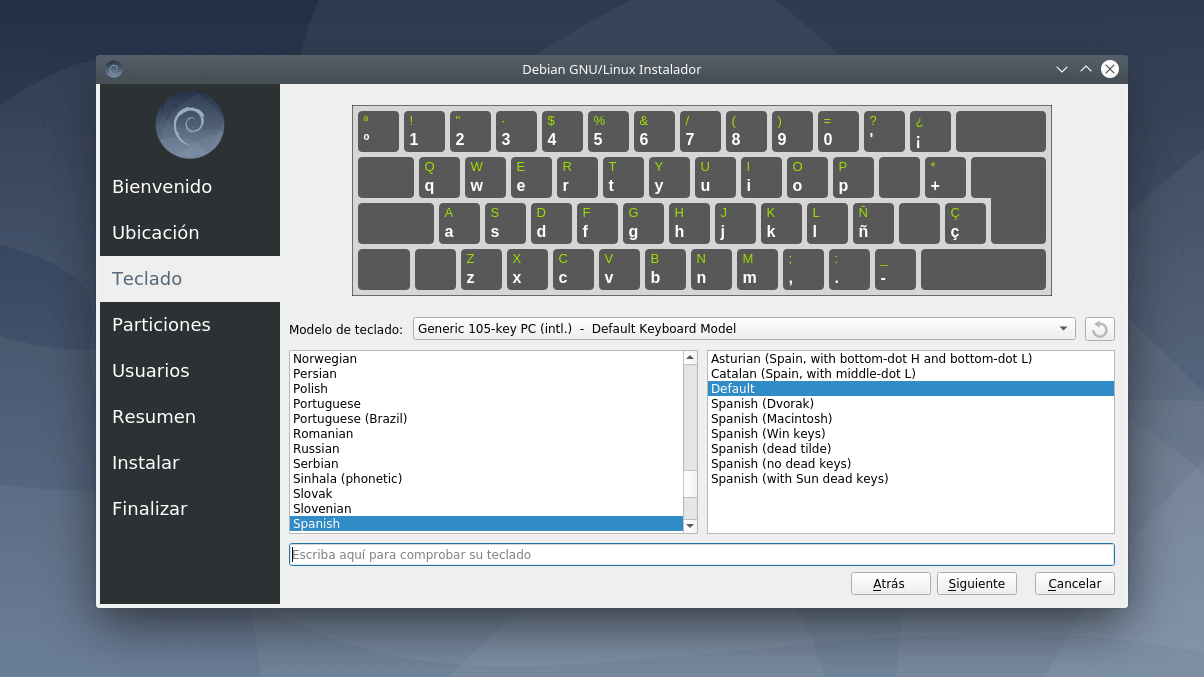 Selección del idioma del teclado del instalador de Debian 10 Live