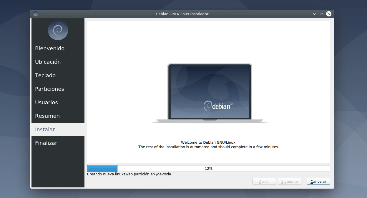 Progreso en la instalación de Debian 10 Live