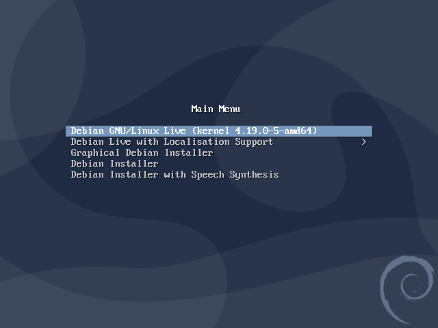 Menú de arranque de Debian 10 Live