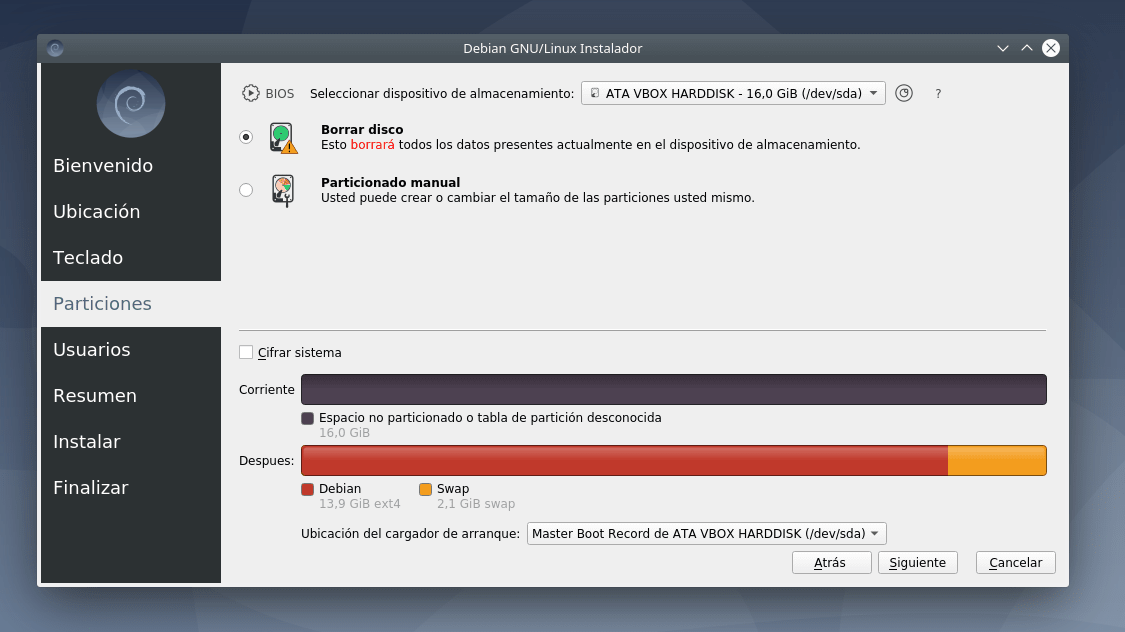 Configuración de particiones en el instalador de Debian 10 Live