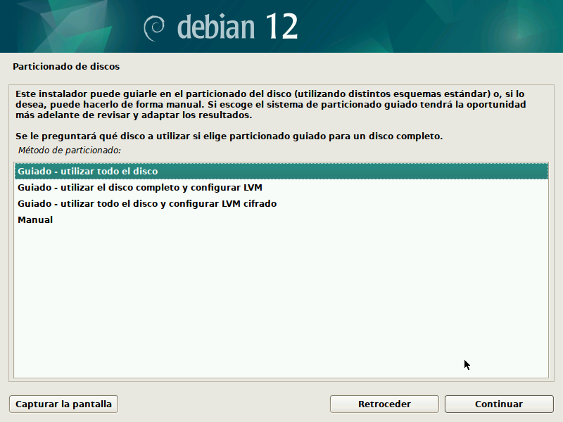 Seleccionar guiado del particionamiento en el instalador de Debian 12