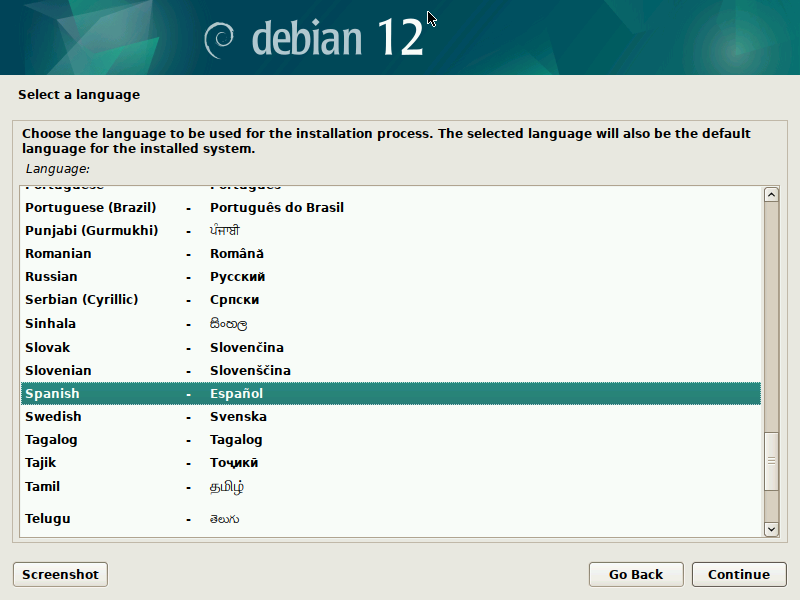 Seleccionar idioma en el instalador de Debian 12