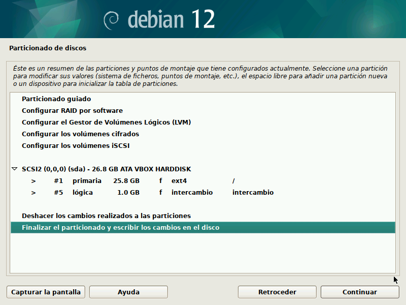 Finalizar el particionado y escribir los cambios en el disco en el instalador de Debian 12