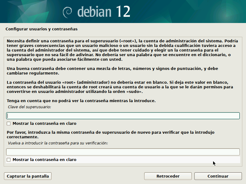 Contraseña de superusuario en el instalador de Debian 12