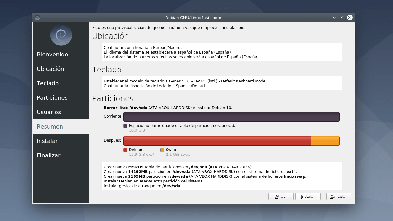 Resumen de instalación de Debian 10 Live
